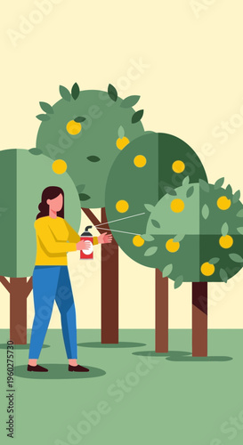 Gardener Tending To Citrus Trees With Organic Spray For Healthy Growth