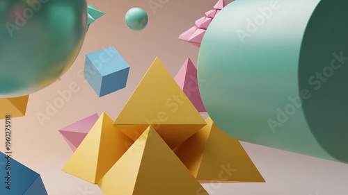 Floating 3D Geometric Shapes with Soft Lighting and Playful Composition