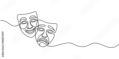 One continuous line drawing of smiling and sad theater masks representing drama and emotion
