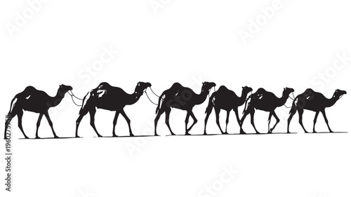 Caravan of camels walking in silhouette against a in a graphic style for travel and desert themes. Transparent Background
