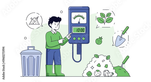 Gardening Soil Meter Reading And Compost Pile Illustration