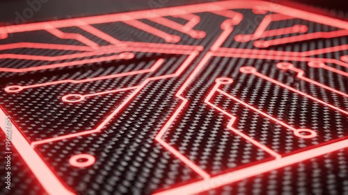 Dark Carbon Fiber Texture with Red Glowing Tech Lines and Edges