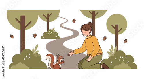 Gentle Encounter A Woman Befriends A Squirrel In An Autumn Forest