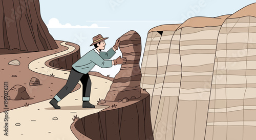 Geologist Studying Stratified Rock Formations In A Desert Landscape