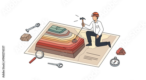 Geologist Studying Stratigraphy On Geological Map With Tools And Rock Samples