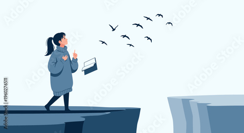 Girl Observing Birds Flying Over Cliff Edge With Open Book