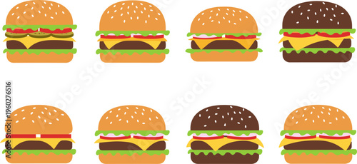 Burger Food Icon Set with Different Hamburger Variations Including Cheese, Lettuce, and Sesame Buns for Fast Food Menu, Restaurant, and Delivery Design