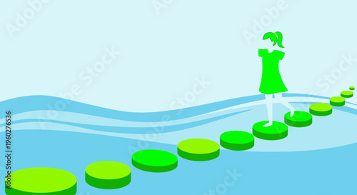 Girl Walking On Stepping Stones Across Water