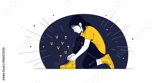 Girl Tying Shoelaces Among Fireflies At Dusk Illustrative Scene