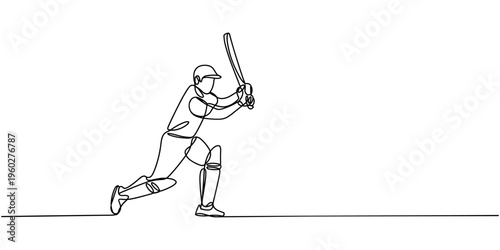 self drawing of single continuous line draw young agile man cricket player standing and ready to hit ball, Full length one line drawing for cricket promotion media. Competitive sport concept.
