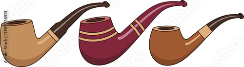 Classic Smoking Pipe Collection with Wooden Tobacco Pipes in Different Shapes and Colors Vintage Style Illustration Set Isolated on White Background