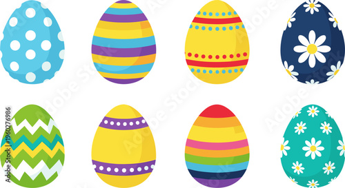 Colorful Easter Egg Collection with Decorative Patterns, Floral Designs, Stripes and Polka Dots Isolated on White Background for Holiday and Spring Design Projects