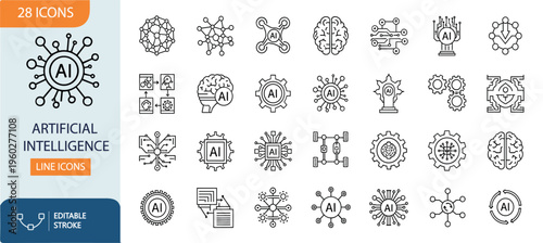 Artificial Intelligence Line Icons Set AI Neural Network Machine Learning Collection