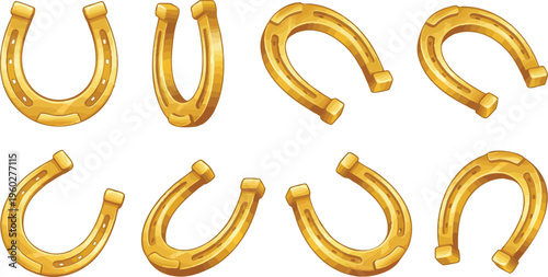 Set of Golden Horseshoes in Various Angles Isolated on White