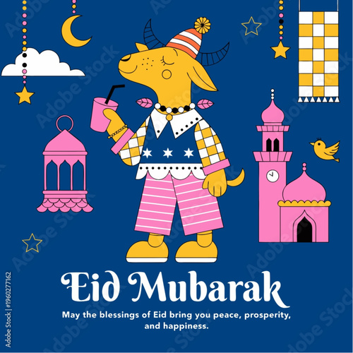 “Bakra Eid Social Media Post Design with Goat and Islamic Decoration Vector”