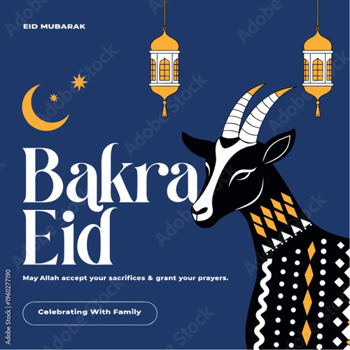 “Bakra Eid Social Media Post Design with Goat and Islamic Decoration Vector”