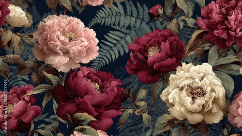 Rich Floral Pattern with Deep Red Pink and Cream Peonies and Ferns on a Dark Navy Blue Background Intricate Botanical Illustration with Detailed Petals and Leaves