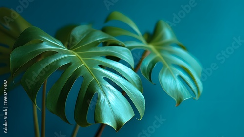 Monstera Deliciosa Leaves Against Teal Background.