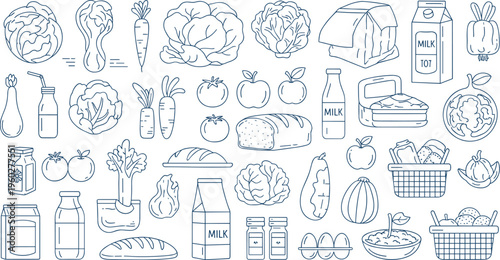 Hand drawn grocery food icons set, fresh vegetables fruits dairy products collection, market elements, organic nutrition pack flat vector illustration