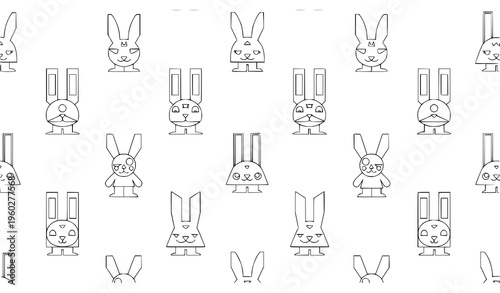 Minimal rabbit monster seamless pattern black white line art vector design