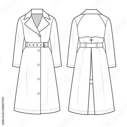 Women’s trench coat front and back view flat sketch vector mockup template technical illustration.