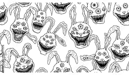Creepy rabbit monsters seamless pattern black white vector illustration