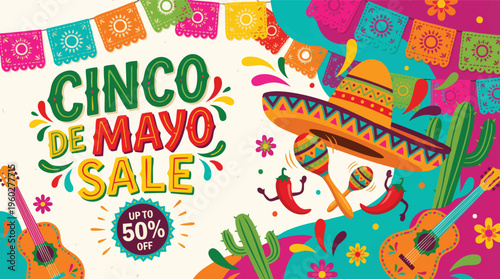 Cinco de Mayo Sale Banner with Mexican Sombrero and Festive Decor