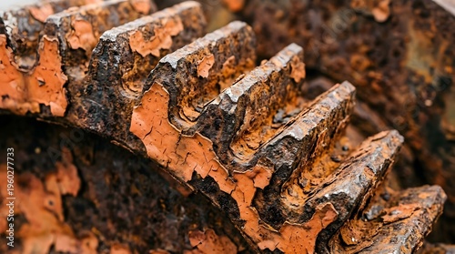 Close-up of rusty gears with orange paint peeling off, showing decay