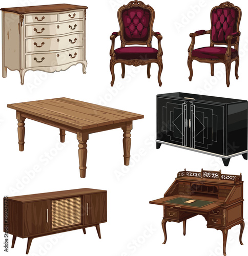 Vintage and Classic Furniture Collection with Wooden Table, Antique Chairs, Drawer Cabinet, Sideboard, and Writing Desk for Interior Design and Home Decor Illustration
