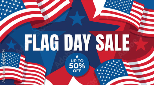 Flag Day Sale Banner with American Flags and 50 Percent Off