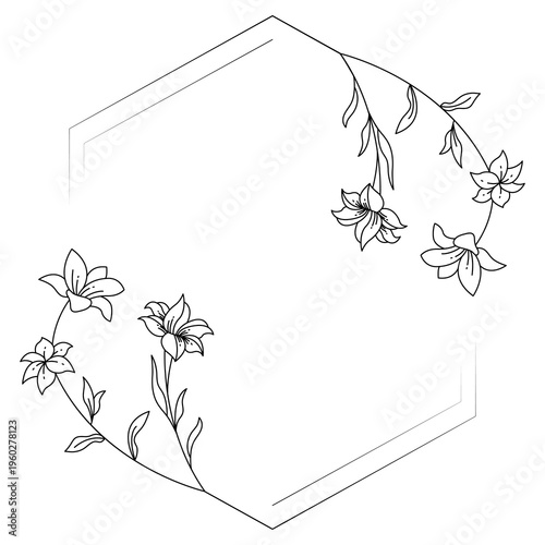 Floral polygon hand drawn style. Floral black and white frames of twigs, leaves and flowers. Frames for Valentine’s Day, wedding decor, logo and identity template.