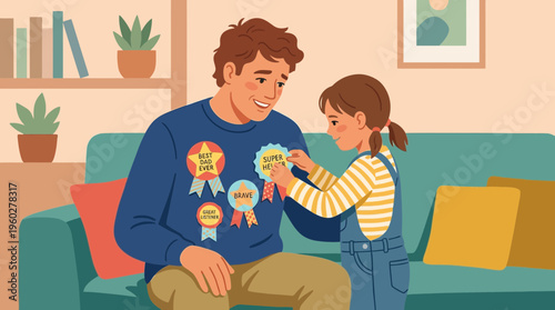 A loving daughter joyfully adorns her amazing father with heartfelt achievement badges, celebrating their special bond on Father's Day