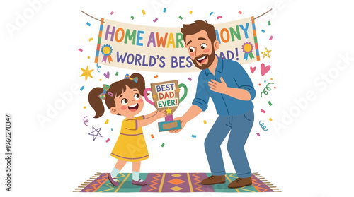 Loving daughter celebrates father's day, presenting her happy father with 'World's Best Dad' trophy at joyful home award ceremony, showcasing deep family appreciation