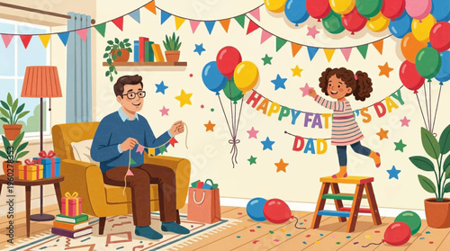 Celebrating Father's Day with a Young Girl Decorating and a Father Knitting a Gift