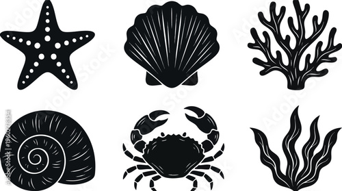 Black Sea Creature Silhouette Icons Set for Marine Design
