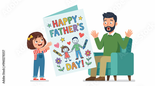 An Adorable Little Girl Presents Her Hand-Drawn Father's Day Card to Her Surprised and Delighted Dad, Creating a Precious Memory