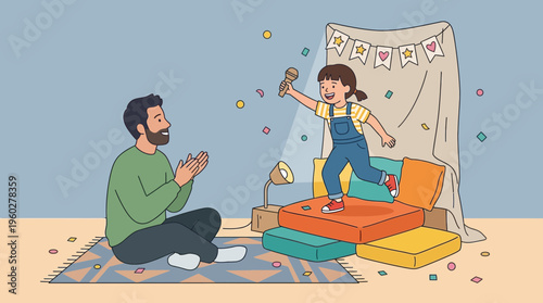 A heartwarming Father's Day celebration A joyful dad claps as his daughter performs in a cozy blanket fort, creating cherished family memories with confetti