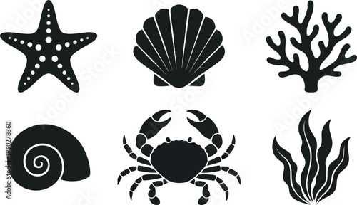Marine Life and Sea Shell Silhouettes Icon Set Collection