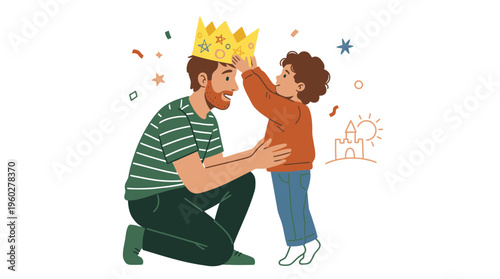 A child's loving gesture adorning their father with a golden crown, celebrating a special bond and the joy of Father's Day together