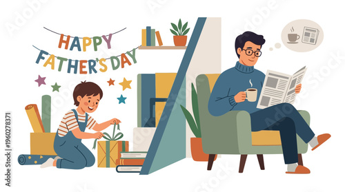 Happy Father's Day illustration A loving child prepares a gift while his father relaxes with a newspaper