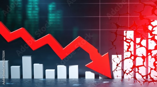A downward trend in stock market illustrated by red arrow and bar graph.