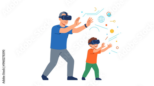 Modern father's day fun a dad and son enjoying immersive virtual reality, exploring new digital realms, and strengthening their bond through futuristic play