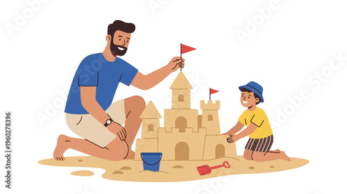 Happy Father's Day! A Father and Son Building a Sandcastle Together on the Beach, Creating Cherished Memories