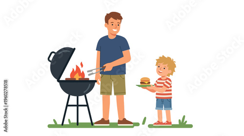 Happy Father's Day celebration with a father and son grilling burgers on a barbecue grill at an outdoor picnic party, family fun time during summer