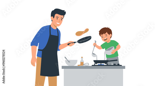 Joyful father and son cooking pancakes together, making precious family memories in the kitchen, a perfect way to celebrate Father's Day morning