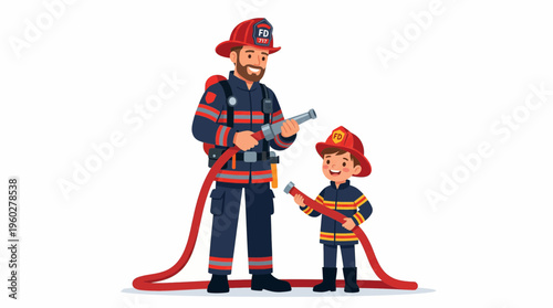 A father and son dressed as firefighters, celebrating Father's Day together, learning about safety and bravery, a heartwarming scene of family bonding and role-playing
