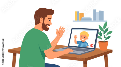 Father's Day illustration A caring father video calls his smiling son, connecting across distance and cherishing family bonds