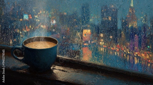 Steaming cup of coffee on a dark surface with bokeh lights in the background, warm and inviting atmosphere, impressionistic style, detailed texture
