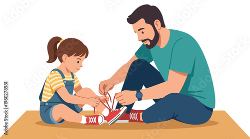 A heartwarming father's day moment Dad patiently teaches his little daughter to tie her shoelaces, illustrating a precious bond and important life lessons