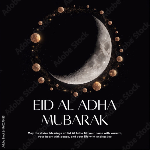 “Eid al Adha Mubarak Greeting Template with Crescent Moon and Stars”